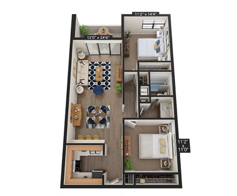 Floor plan for 2 beds, 1 bath, 885 sqft